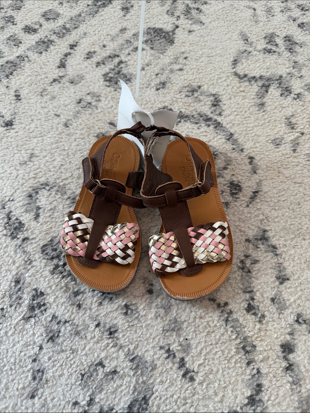 Kids Brown Leather Sandals with Pink & White Braided Strap